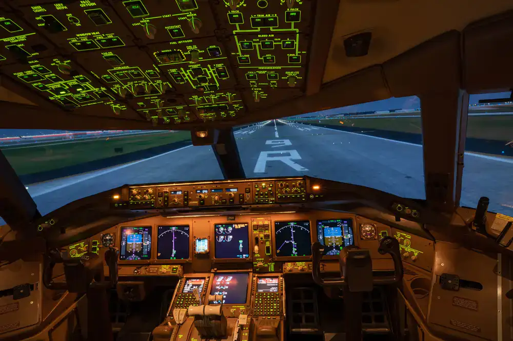 View from a virtual cockpit during a night flight